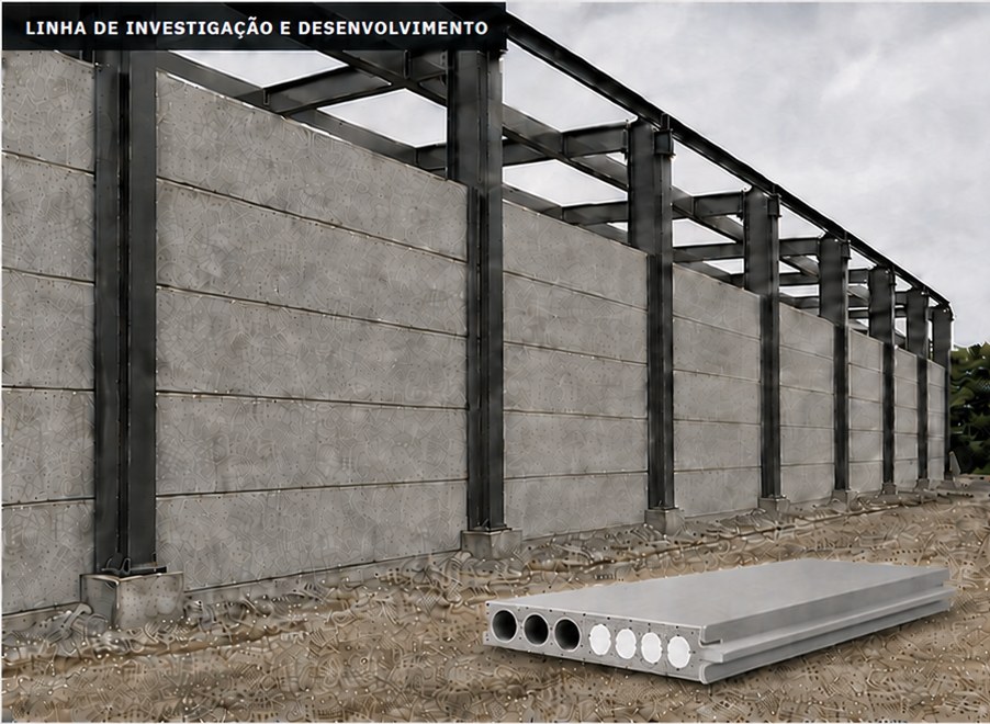 Visualização conceptual de uma fachada de pavilhão industrial com painéis alveolares pré-fabricados sobrepostos entre pilares metálicos, mostrando as juntas de ligação entre painéis e os alvéolos circulares preenchidos com EPS